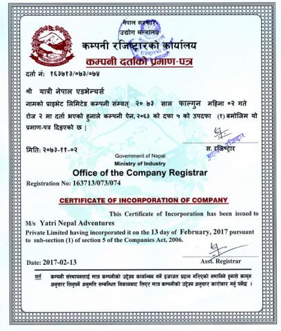 Yatri Nepal Adventures Company Registration Certificate