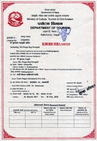 Yatri Nepal Adventures Tourism Licence Yatri Nepal Adventures Tourism Licence