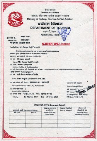 Yatri Nepal Adventures Tourism Licence